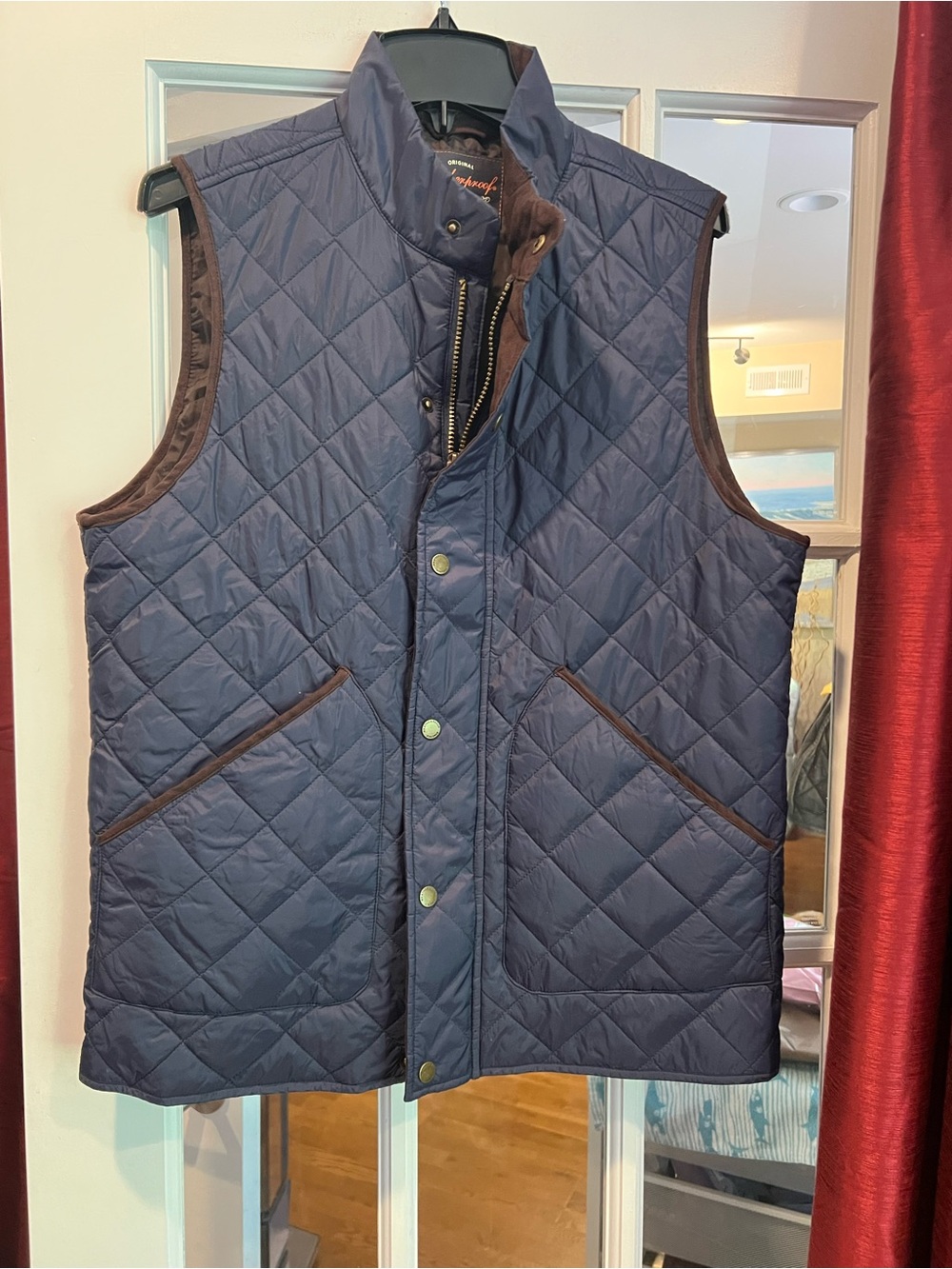Weatherproof Navy Quilted Vest with Brown Trim